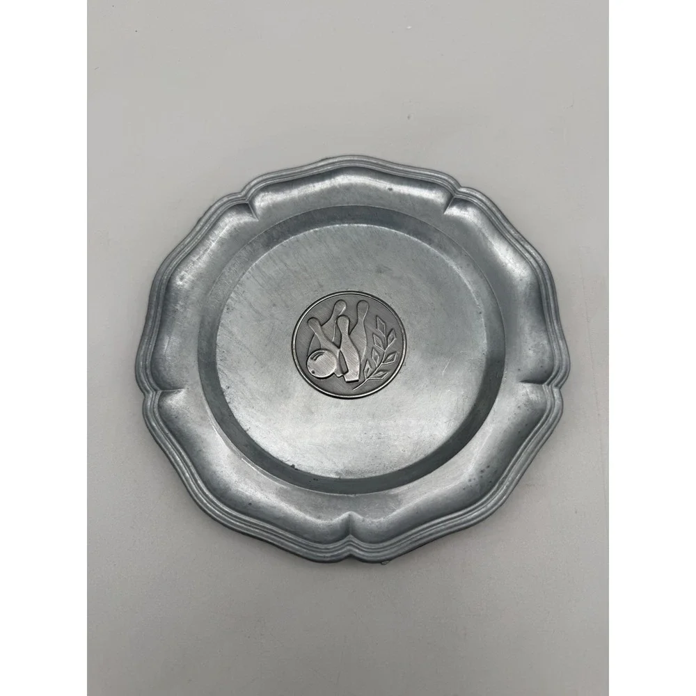 Vintage Bowling Award Pewter Metal Wall Plaque Tray Scalloped Hanging